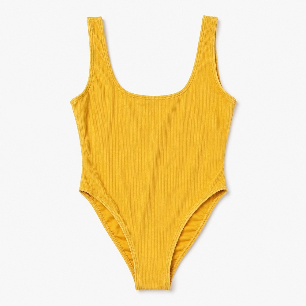 Deadstock Vtg 80s Leotex Body Wear Yellow Ribbed Bodysuit beach V-Back Swimwear